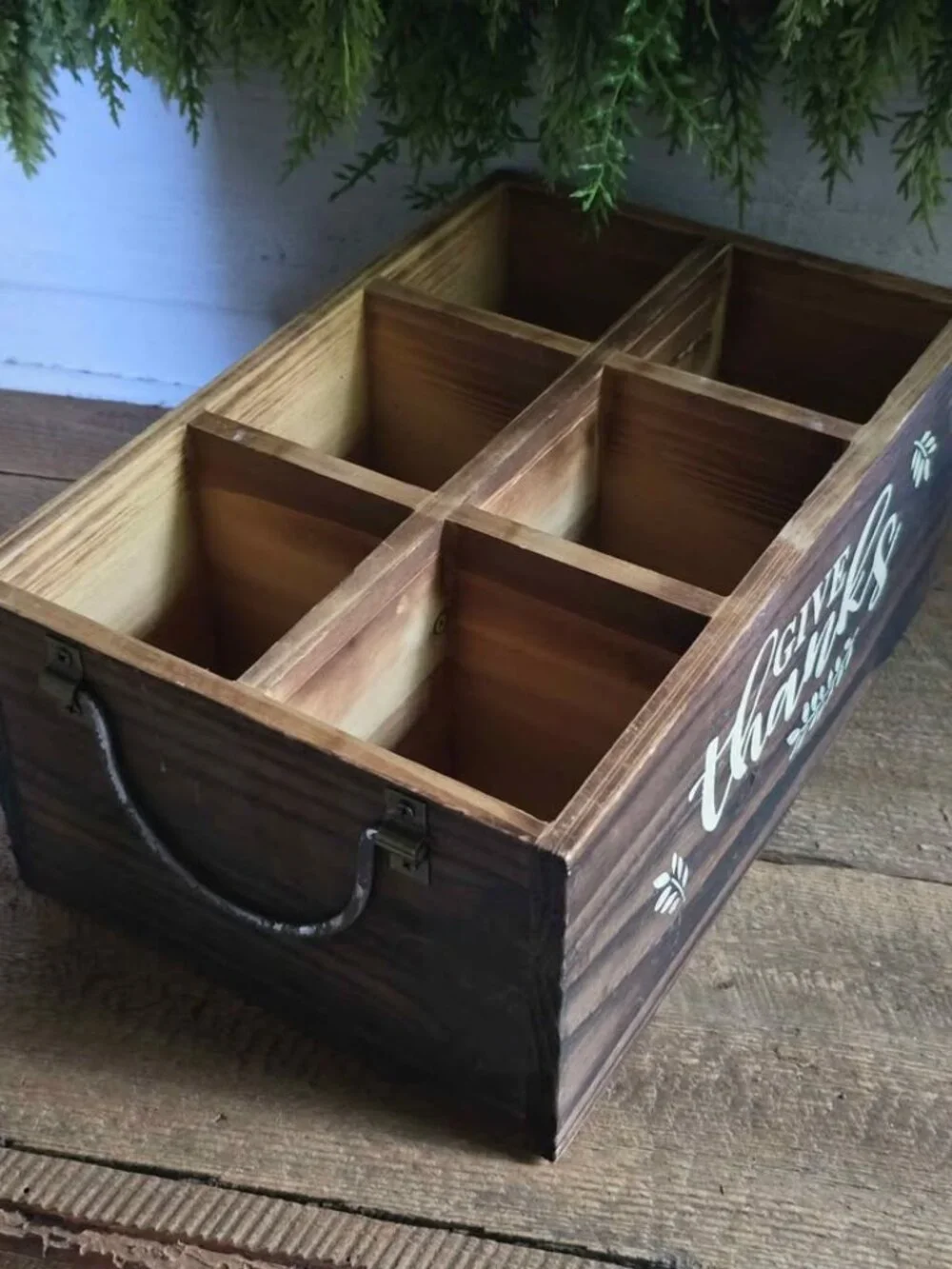 Rustic Give Thanks 6 Divided Wood Crate Primitive Thanksgiving Flatware Storage